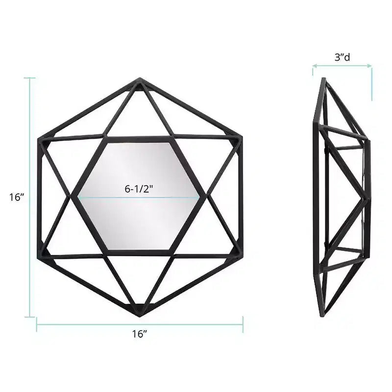 Specchio da parete geometrico 3D con cornice in metallo 40x40cm nero opaco