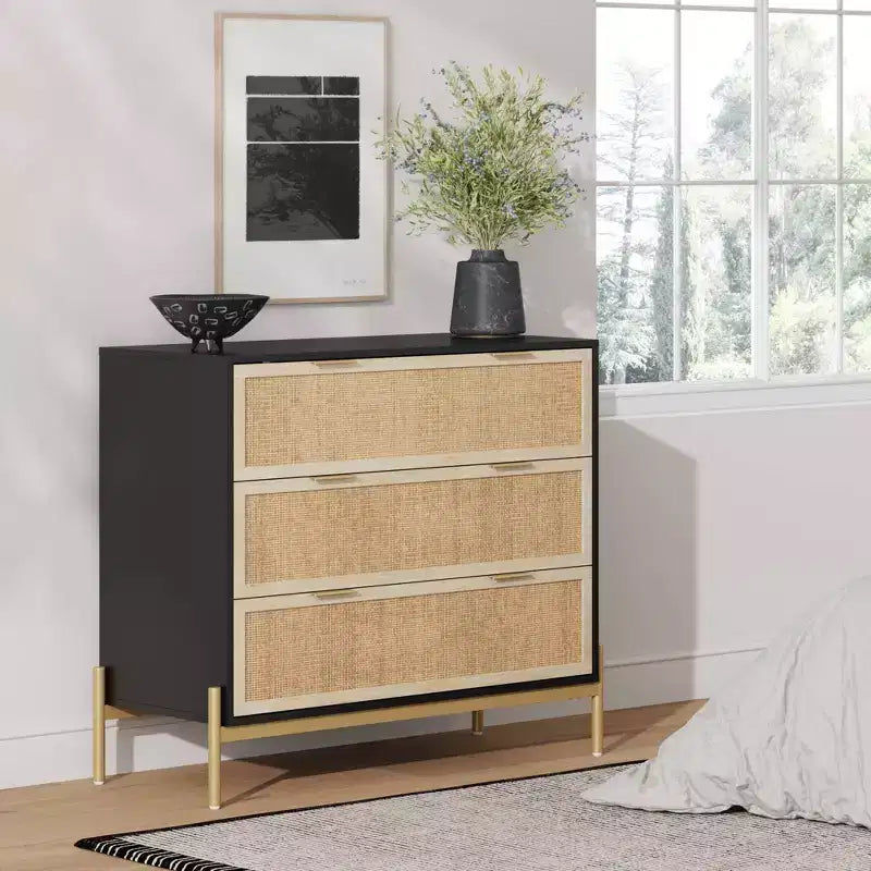 Cassettiera Rattan a 3 cassetti Nero/Rovere chiaro