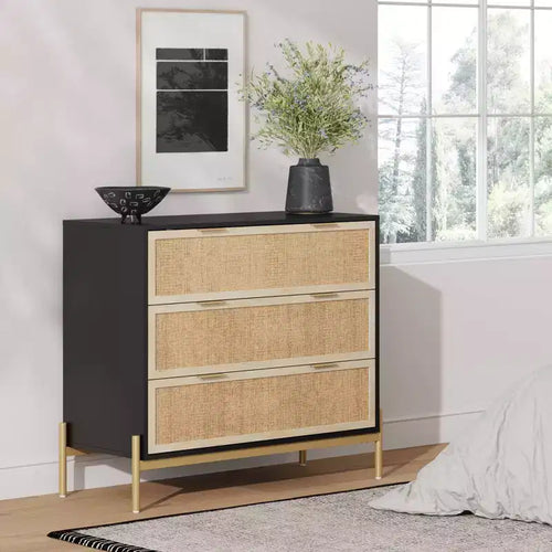 Cassettiera Rattan a 3 cassetti Nero/Rovere chiaro