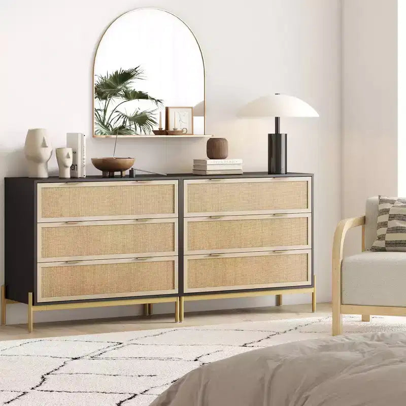 Cassettiera Rattan a 3 cassetti Nero/Rovere chiaro