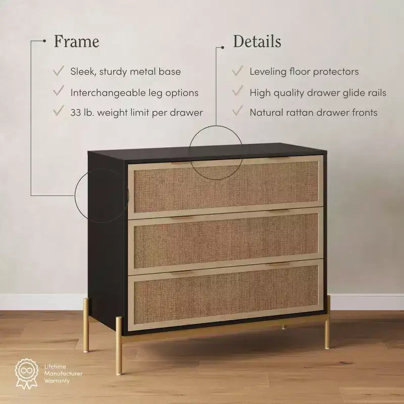 Cassettiera Rattan a 3 cassetti Nero/Rovere chiaro