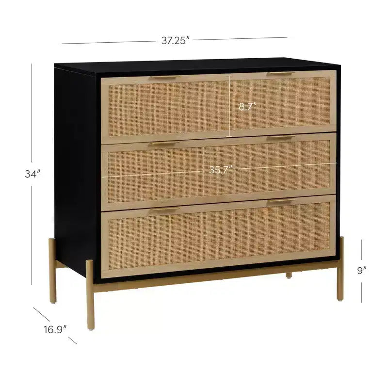Cassettiera Rattan a 3 cassetti Nero/Rovere chiaro