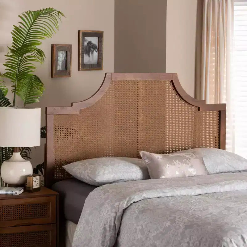 Baxton Studio Risha Mid-Century Modern Ash Walnut Finished Wood and Rattan Queen Size Headboard