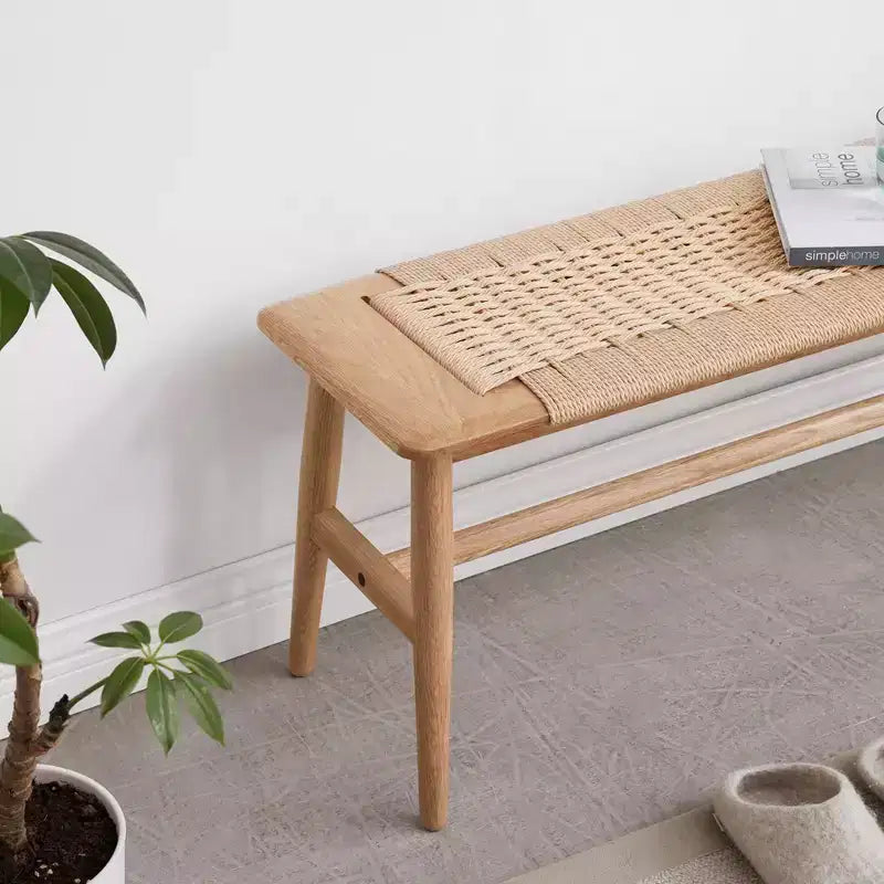 Panca Intrecciata, Panca da Pranzo in Legno Massello di Rovere con Design Rustico Intrecciato a Mano, Panca Lunga da Cucina per Sala da Pranzo, Camera da Letto, Ingresso, Bagno