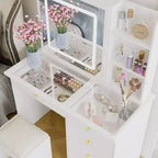Cassettiera bianca da trucco, elegante, con specchio illuminato a LED, in vetro, con cassetti