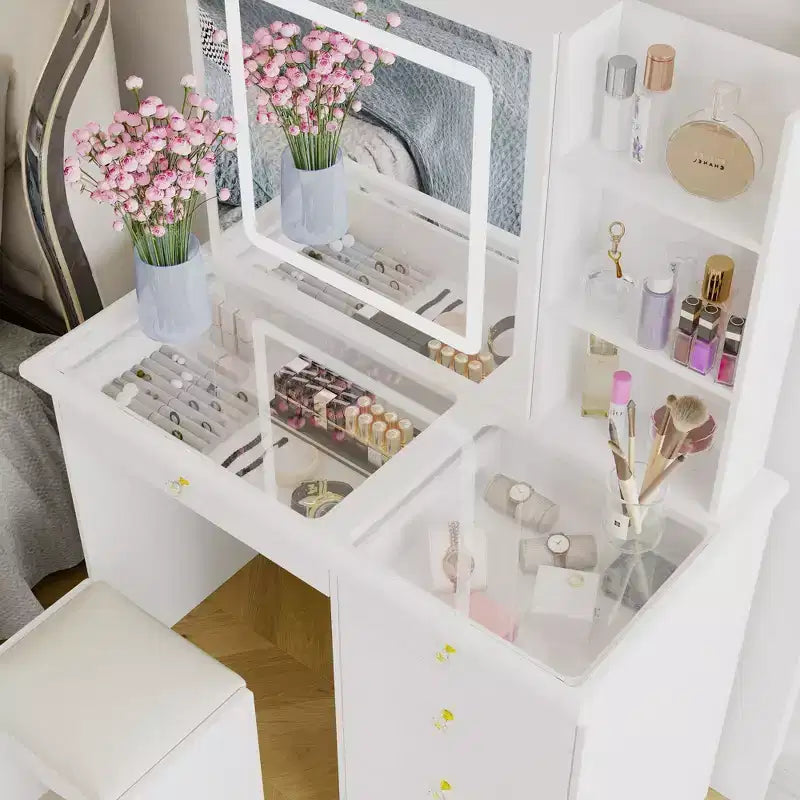 Cassettiera bianca da trucco, elegante, con specchio illuminato a LED, in vetro, con cassetti
