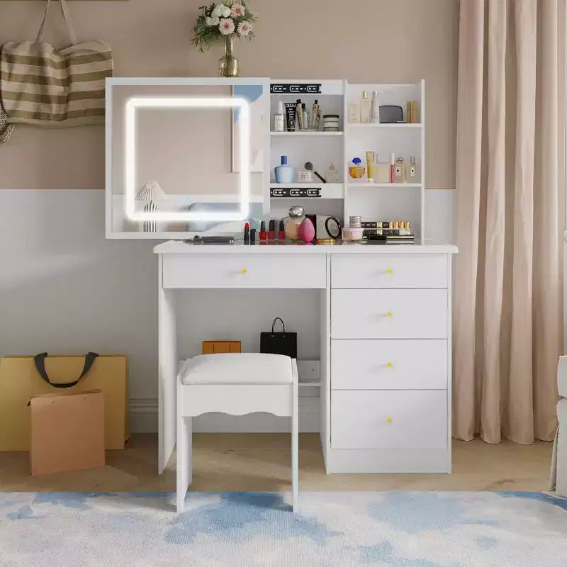 Cassettiera bianca da trucco, elegante, con specchio illuminato a LED, in vetro, con cassetti