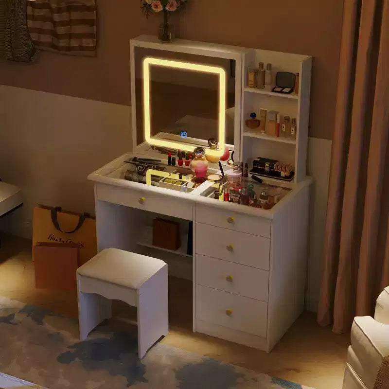 Cassettiera bianca da trucco, elegante, con specchio illuminato a LED, in vetro, con cassetti