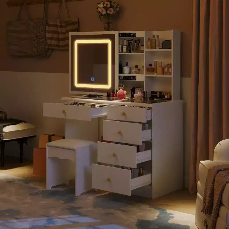 Cassettiera bianca da trucco, elegante, con specchio illuminato a LED, in vetro, con cassetti