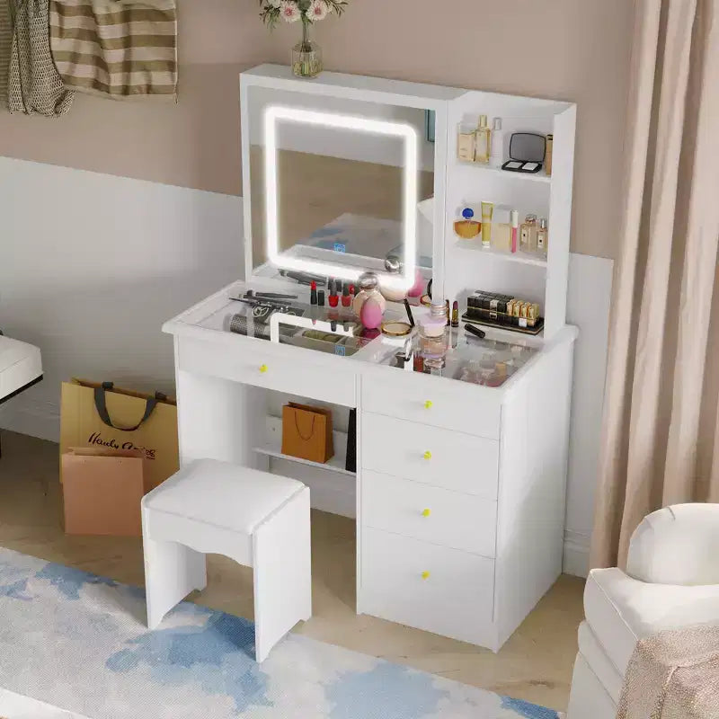 Cassettiera bianca da trucco, elegante, con specchio illuminato a LED, in vetro, con cassetti