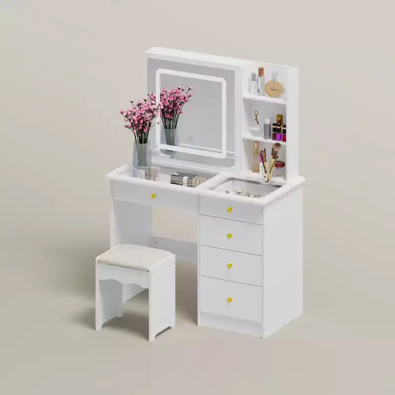 Cassettiera bianca da trucco, elegante, con specchio illuminato a LED, in vetro, con cassetti