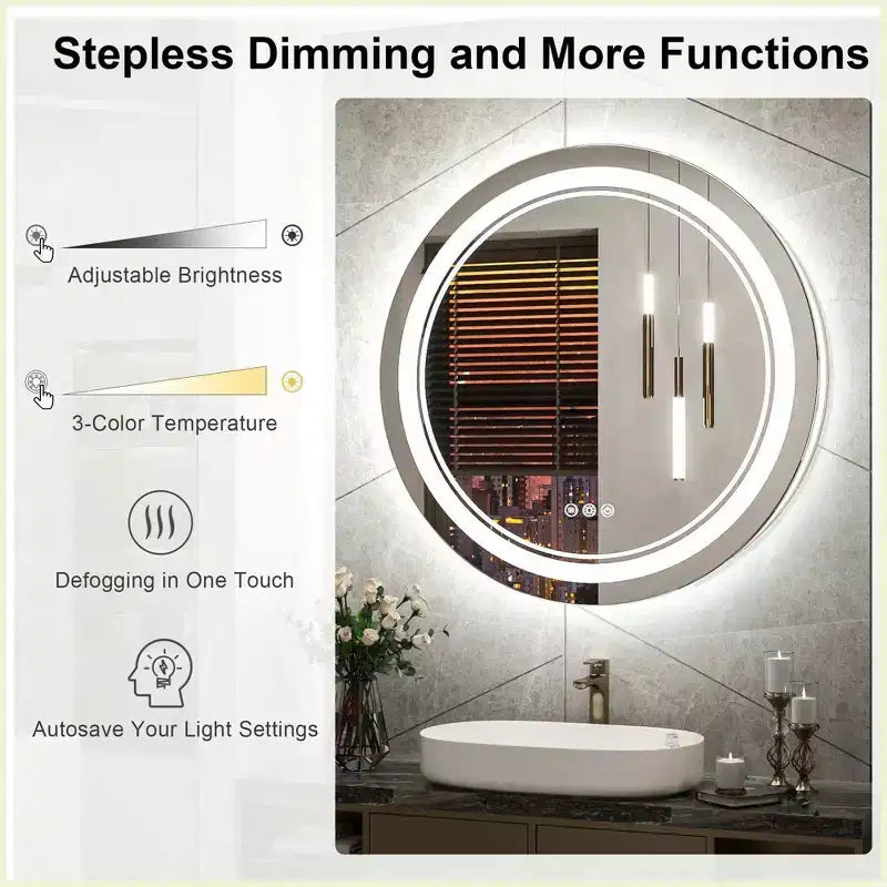 Specchio da parete rotondo a LED per bagno, dimmerabile a 3 temperature di colore