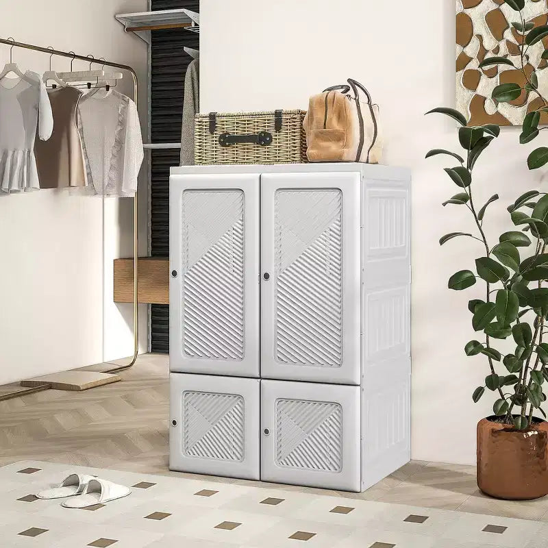 Armadio portatile, guardaroba pieghevole con scomparto a cubo, ante magnetiche, facile montaggio, bianco