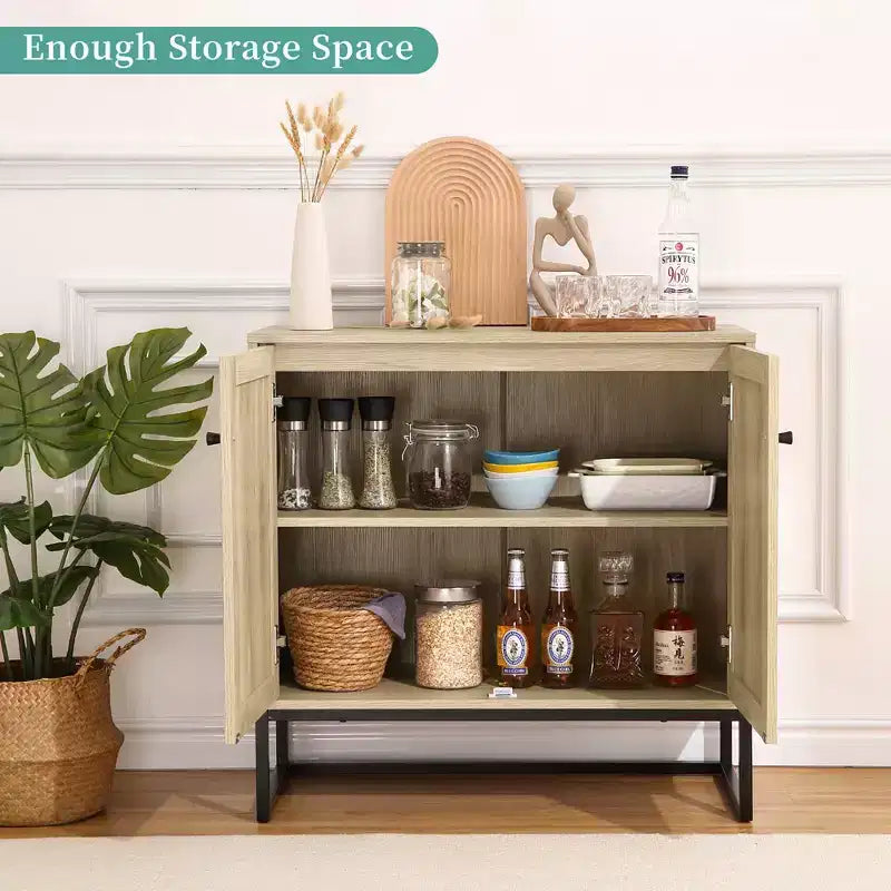 Madia Credenza Contenitore con Ante in Rattan, Tavolo d'Appoggio per Ingresso, Credenza da Cucina, Tavolo Consolle, Mobile Contenitore Boho, Naturale