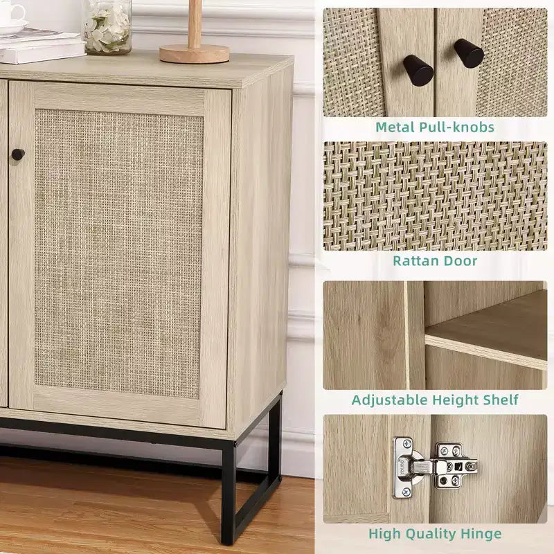 Madia Credenza Contenitore con Ante in Rattan, Tavolo d'Appoggio per Ingresso, Credenza da Cucina, Tavolo Consolle, Mobile Contenitore Boho, Naturale