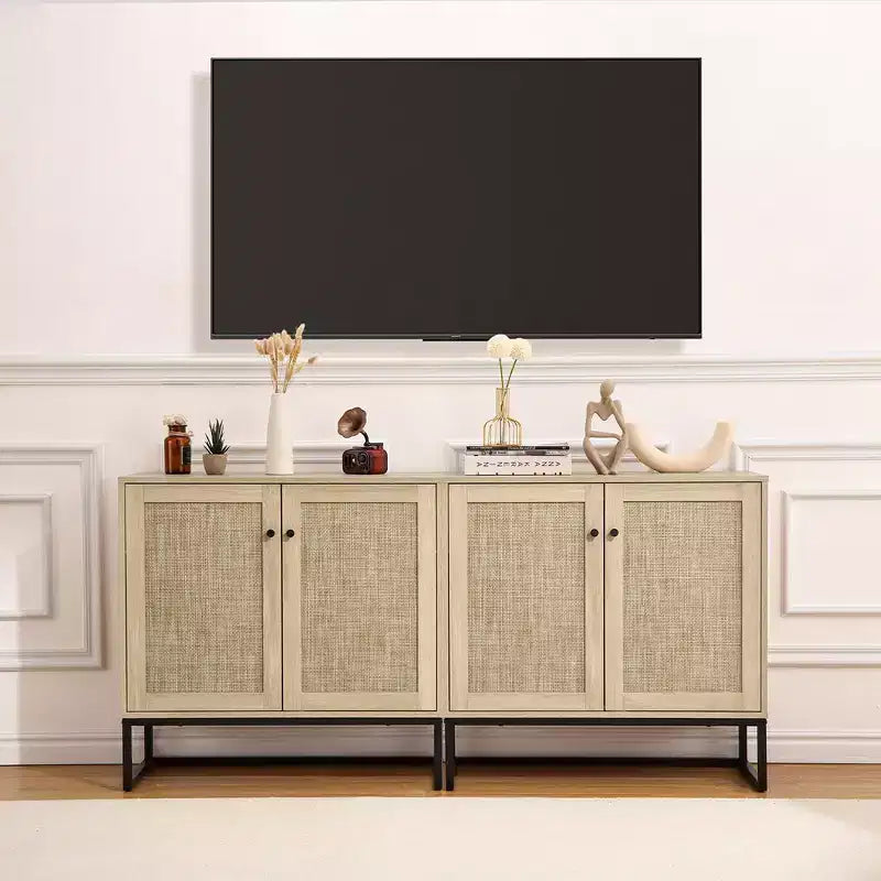 Madia Credenza Contenitore con Ante in Rattan, Tavolo d'Appoggio per Ingresso, Credenza da Cucina, Tavolo Consolle, Mobile Contenitore Boho, Naturale