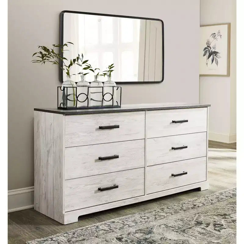 Comò a sei cassetti, bicolore Whitewash e Grigio Rustico, stile Modern Farmhouse