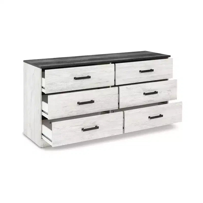Comò a sei cassetti, bicolore Whitewash e Grigio Rustico, stile Modern Farmhouse