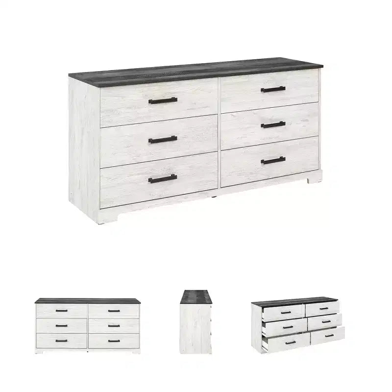 Comò a sei cassetti, bicolore Whitewash e Grigio Rustico, stile Modern Farmhouse