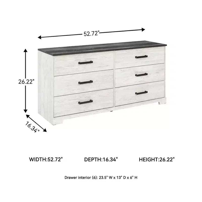 Comò a sei cassetti, bicolore Whitewash e Grigio Rustico, stile Modern Farmhouse