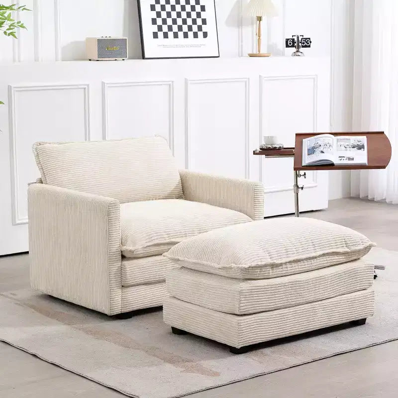 Poltrona d'accento moderna rivestita in tessuto di velluto a coste con pouf