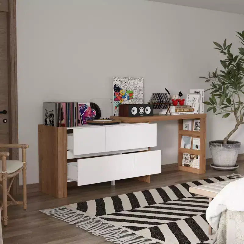 Tavolo da trucco Vanity Girevole Marrone e Bianco con Cassetti Contenitori