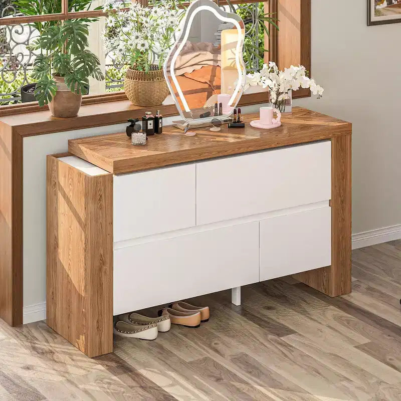 Tavolo da trucco Vanity Girevole Marrone e Bianco con Cassetti Contenitori