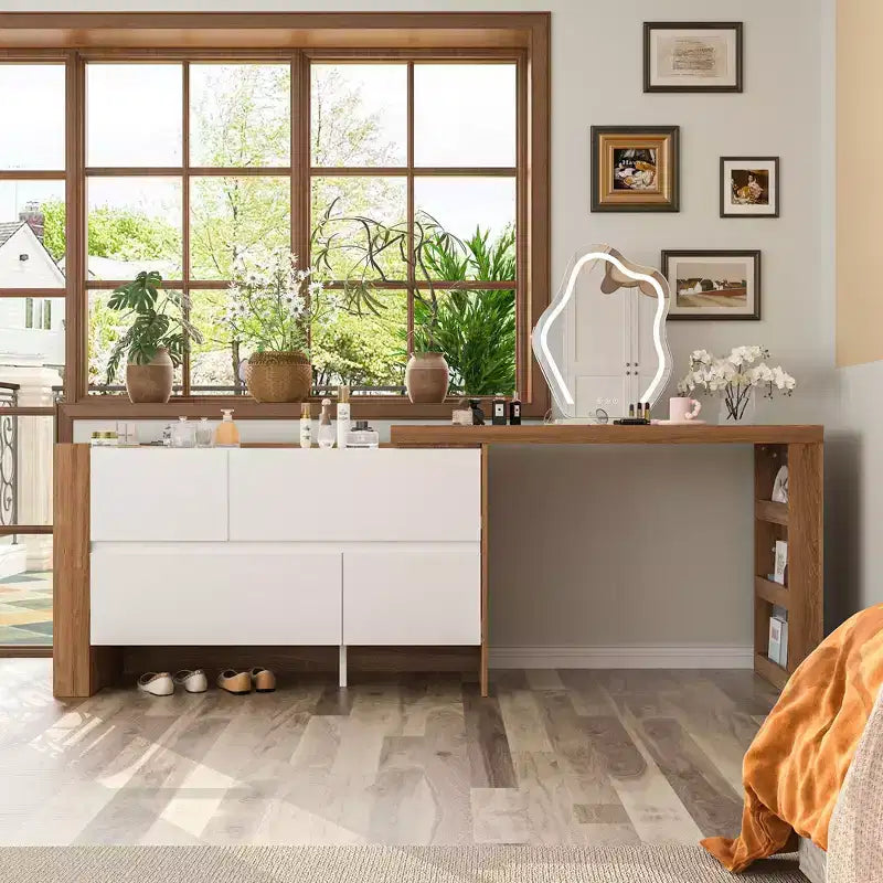 Tavolo da trucco Vanity Girevole Marrone e Bianco con Cassetti Contenitori
