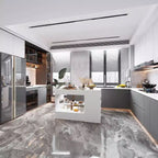 Isola da cucina bianca a 8 cassetti con ripiani e piano in vetro