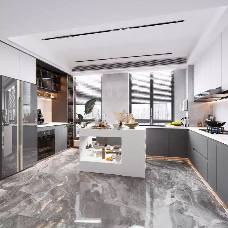 Isola da cucina bianca a 8 cassetti con ripiani e piano in vetro