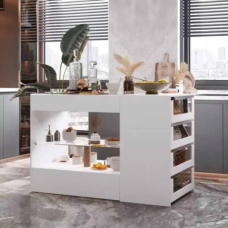 Isola da cucina bianca a 8 cassetti con ripiani e piano in vetro