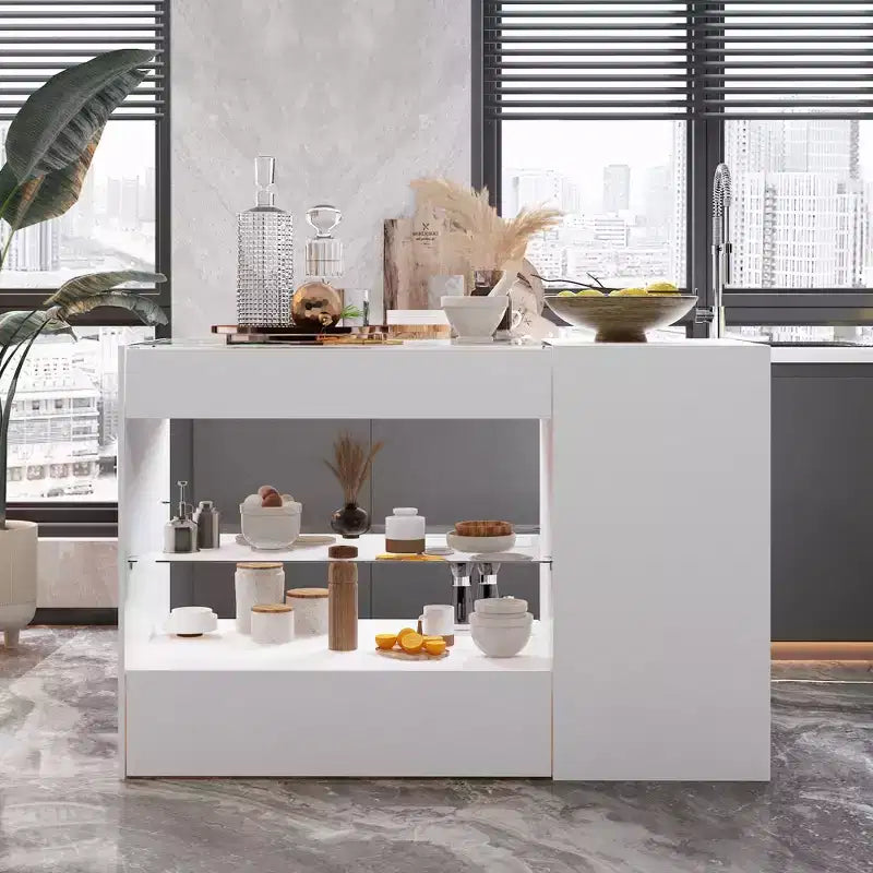 Isola da cucina bianca a 8 cassetti con ripiani e piano in vetro