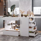 Isola da cucina bianca a 8 cassetti con ripiani e piano in vetro