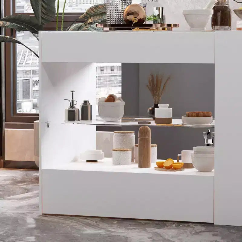 Isola da cucina bianca a 8 cassetti con ripiani e piano in vetro
