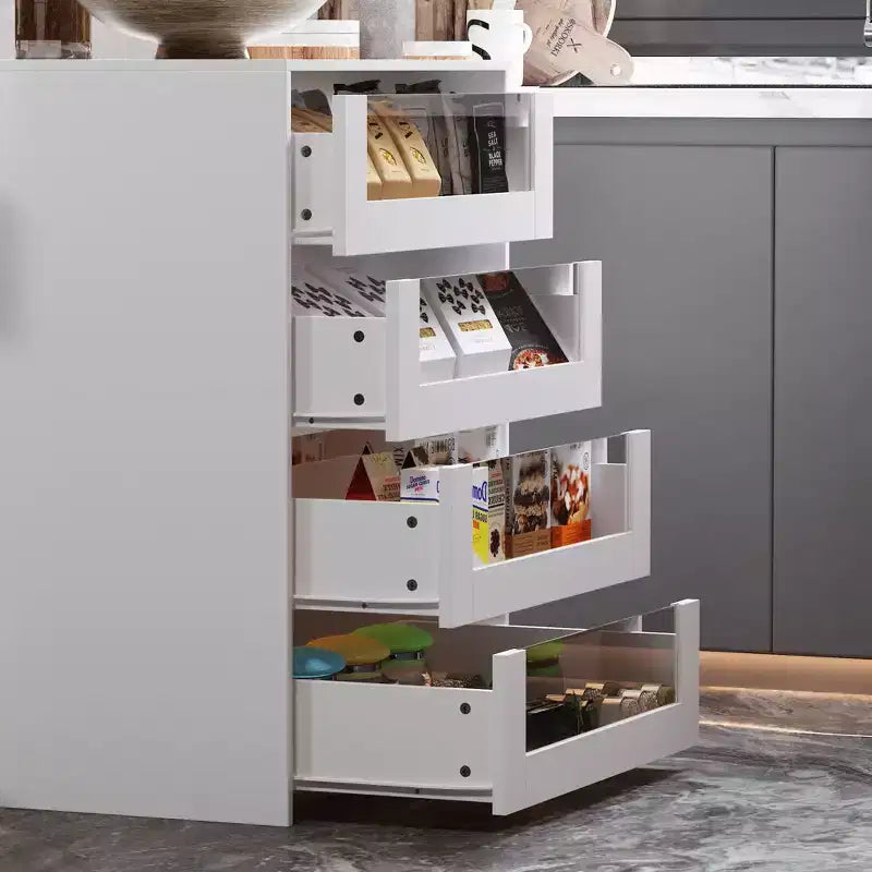 Isola da cucina bianca a 8 cassetti con ripiani e piano in vetro