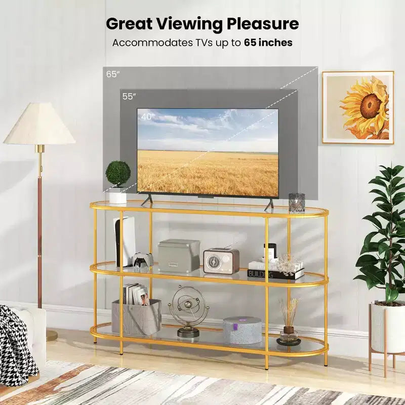 Mobile porta TV a 3 ripiani per TV fino a 65" con mensole in vetro temperato, consolle TV