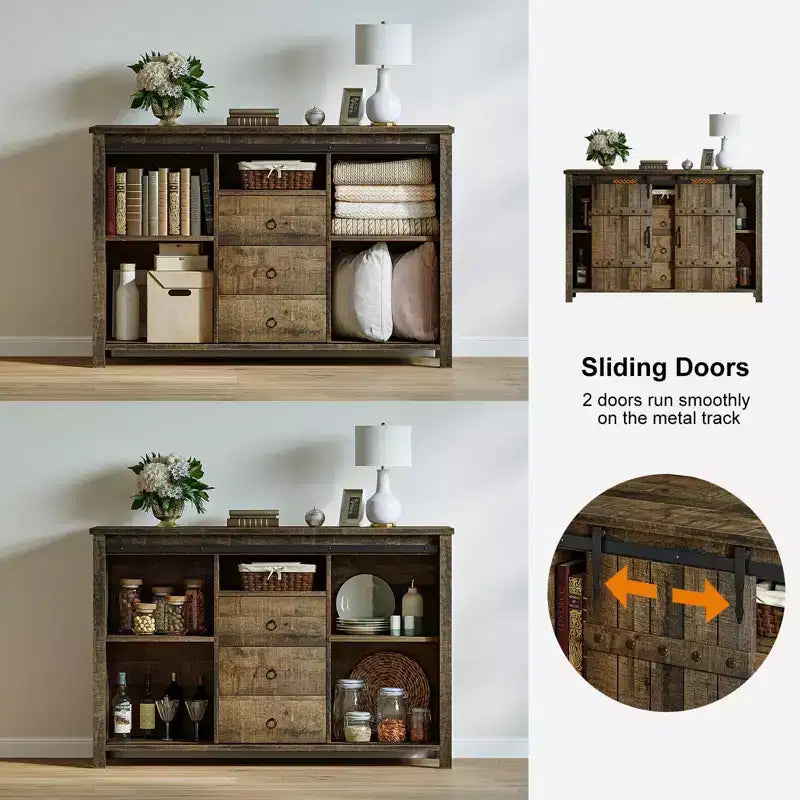 Credenza da Cucina con 3 Cassetti e Anta Scorrevole in Stile Fienile