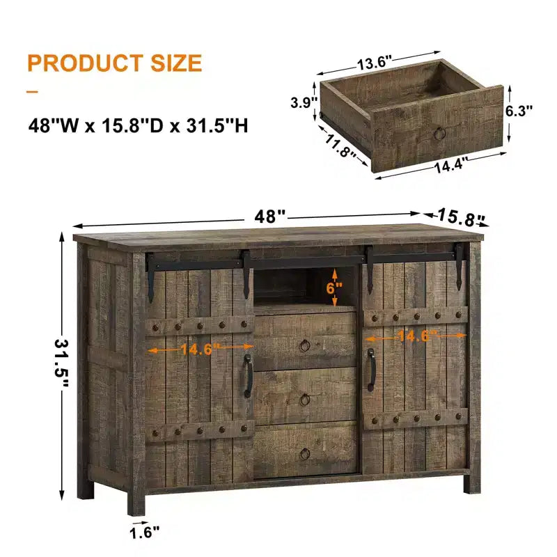 Credenza da Cucina con 3 Cassetti e Anta Scorrevole in Stile Fienile