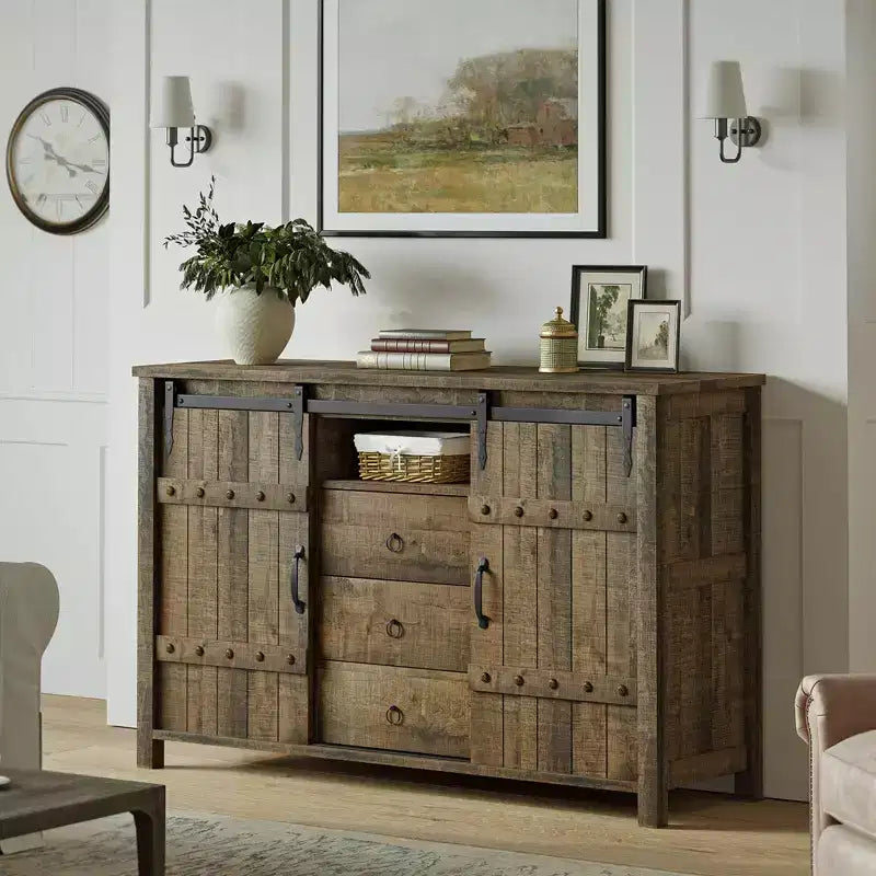 Credenza da Cucina con 3 Cassetti e Anta Scorrevole in Stile Fienile