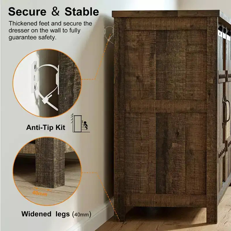 Credenza da Cucina con 3 Cassetti e Anta Scorrevole in Stile Fienile