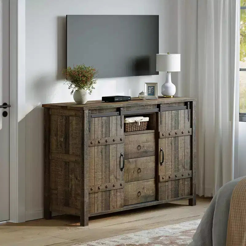 Credenza da Cucina con 3 Cassetti e Anta Scorrevole in Stile Fienile