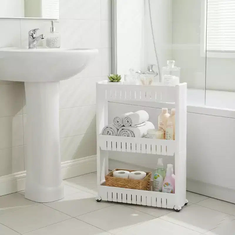 Carrello sottile multiuso con ruote - Organizer multiuso a 3 ripiani per bagno, cucina e dormitorio - Disponibile in bianco, grigio, nero