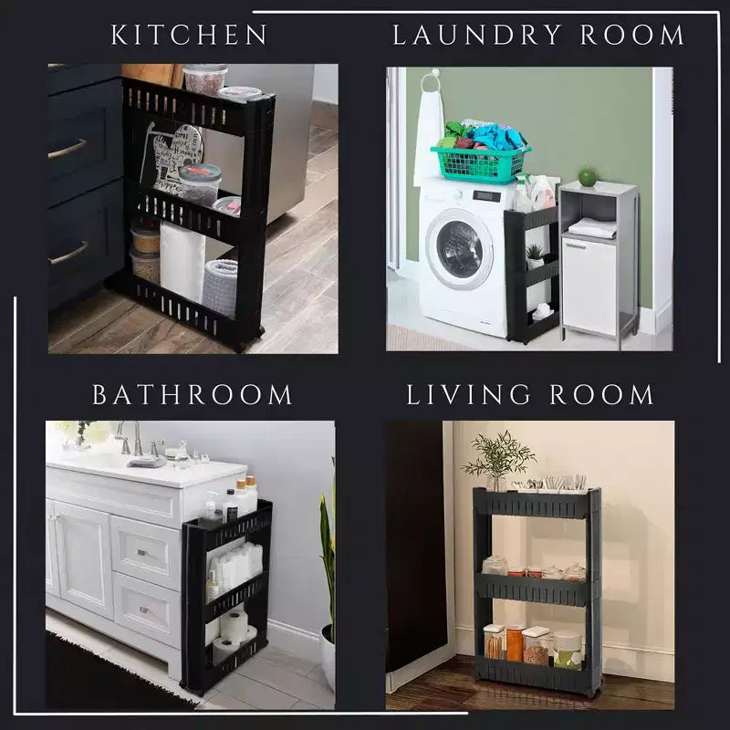 Carrello sottile multiuso con ruote - Organizer multiuso a 3 ripiani per bagno, cucina e dormitorio - Disponibile in bianco, grigio, nero