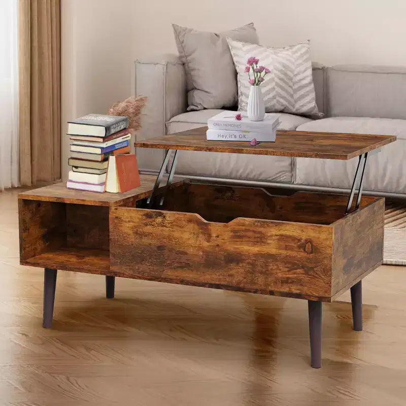 Tavolino ad Altezza Regolabile con Vano Contenitore, Gambe in Legno per Soggiorno, Piccoli Spazi - Facile da Pulire