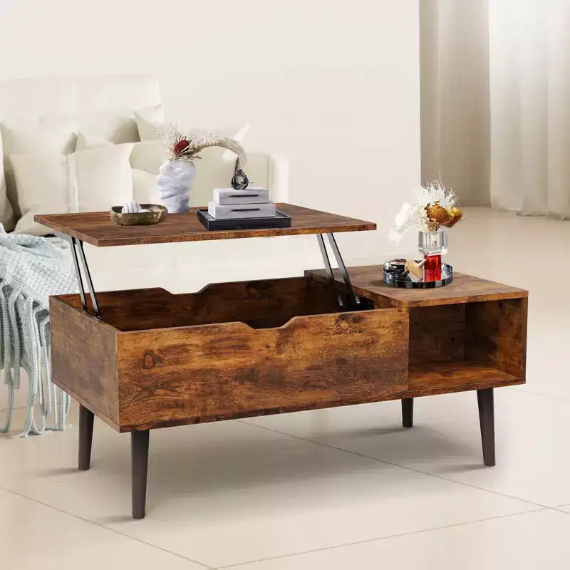 Tavolino ad Altezza Regolabile con Vano Contenitore, Gambe in Legno per Soggiorno, Piccoli Spazi - Facile da Pulire